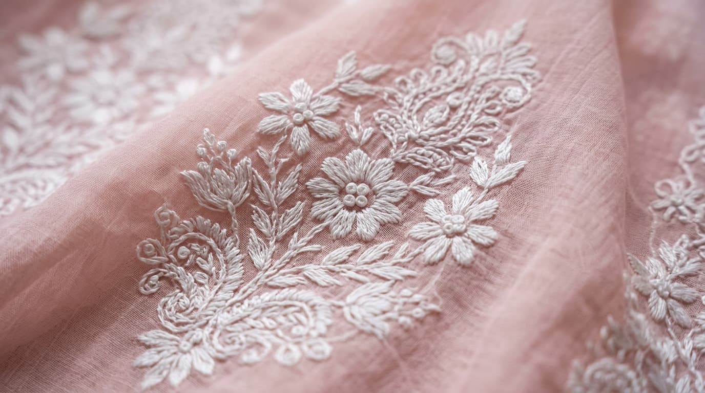 Macro details of white thread Chikankari