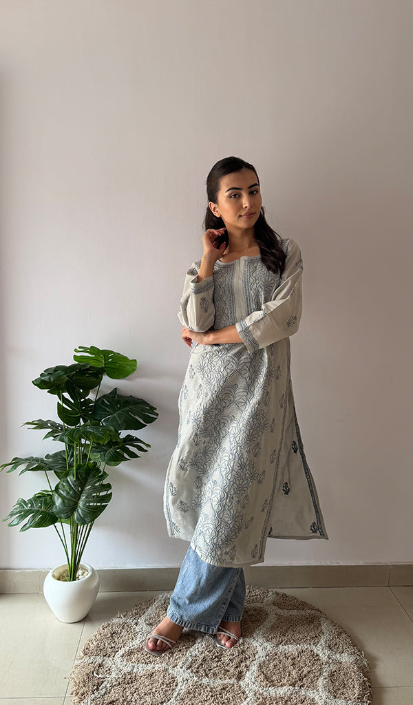Cream & Grey Floral Kurti — Cream Grey